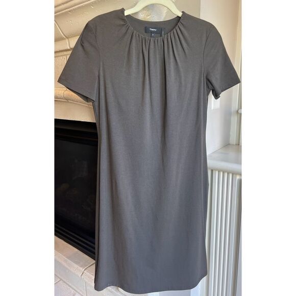 Theory Women's Ash Gather Tee Ruched Neck Short Sleeve Midi Slip Dress Size M - Picture 5 of 11